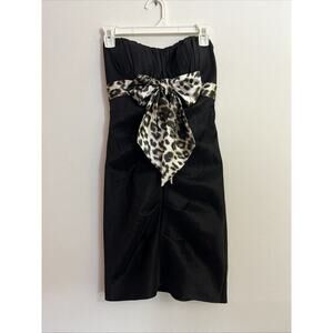 Strapless Y2K Dress 7 Blondie Nites Black Ruched Gathered Bodycon Leopard Print